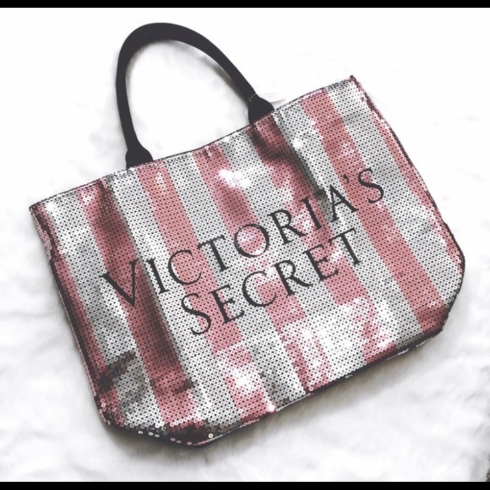 Victoria's Secret Pink & Silver Stripe Sequin Tote